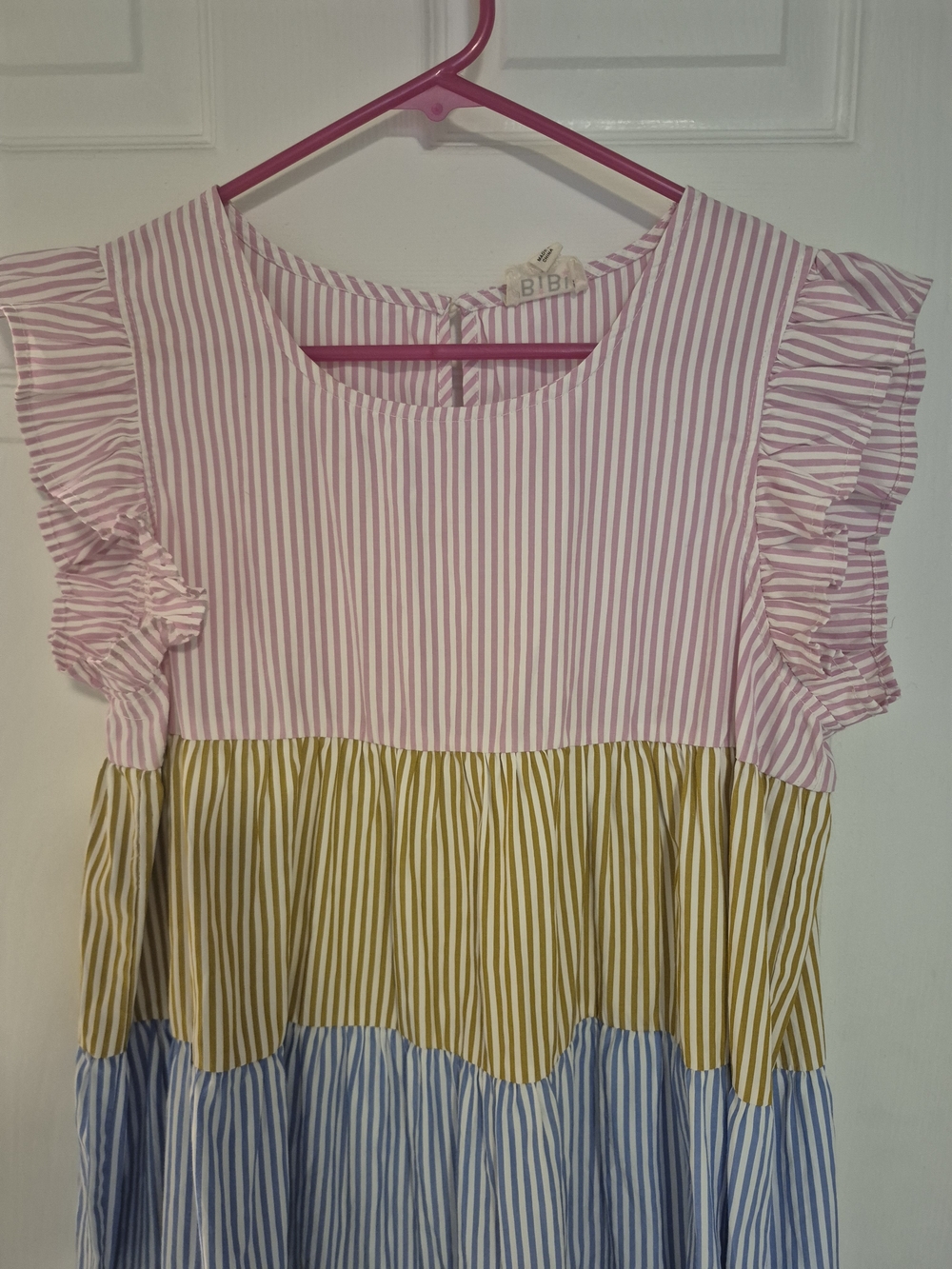 "Sale"  BiBi Pink, Yellow & Blue Striped Ruffle Tiered Dress